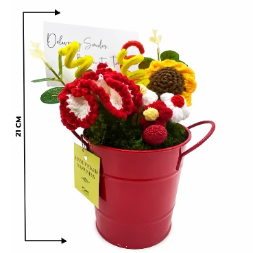 Red &amp; White Crochet Floral Arrangement with Sunflower in Red Metal Bucket